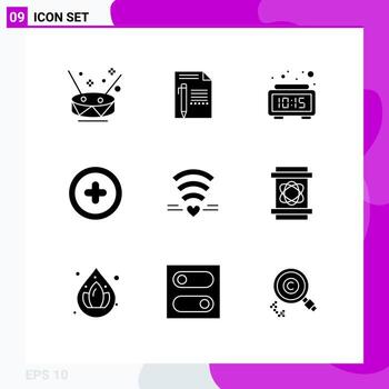 Mobile Interface Solid Glyph Set of 9 Pictograms of wifi add pencil media digital Editable Vector Design Elements