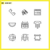 Universal Icon Symbols Group of 9 Modern Outlines of data analysis watermelon work fruit video Editable Vector Design Elements