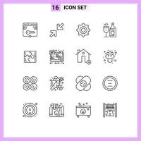 User Interface Pack of 16 Basic Outlines of play puzzle gear ddrink bottle Editable Vector Design Elements