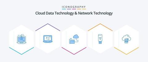 paquete de 25 íconos azules de tecnología de datos en la nube y tecnología de red que incluye . dólar. USB . dinero . nube vector