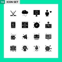 paquete de 16 signos y símbolos de glifos sólidos modernos para medios de impresión web, como elementos de diseño de vectores editables de avatar favorito del clima del corazón del libro