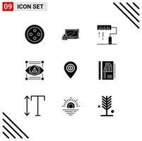 Modern Set of 9 Solid Glyphs Pictograph of map printer design model eye Editable Vector Design Elements