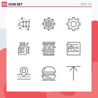 Group of 9 Modern Outlines Set for clothes vintage gear household medicine Editable Vector Design Elements