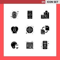 Mobile Interface Solid Glyph Set of 9 Pictograms of circular mind bag control valentine Editable Vector Design Elements