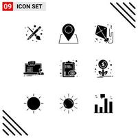 Mobile Interface Solid Glyph Set of 9 Pictograms of overview chat flying computer course Editable Vector Design Elements