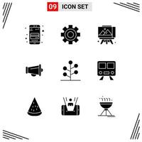 Pack of 9 Modern Solid Glyphs Signs and Symbols for Web Print Media such as nature forest easel speaker announce Editable Vector Design Elements