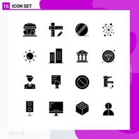 Modern Set of 16 Solid Glyphs and symbols such as architecture beach cricket sun light Editable Vector Design Elements