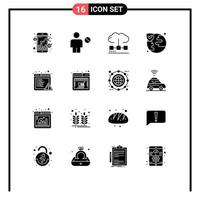 Modern Set of 16 Solid Glyphs and symbols such as alert insurance human world media Editable Vector Design Elements