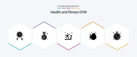 Gym 25 Glyph icon pack including stopwatch. gym. gym. clock. food vector