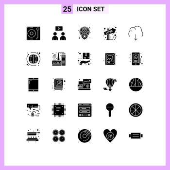 Mobile Interface Solid Glyph Set of 25 Pictograms of data date globe sign direction Editable Vector Design Elements