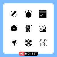 Universal Icon Symbols Group of 9 Modern Solid Glyphs of smart phone mobile browser call gear Editable Vector Design Elements