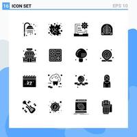 Set of 16 Vector Solid Glyphs on Grid for store building develop home heater Editable Vector Design Elements