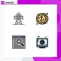 4 Universal Filledline Flat Color Signs Symbols of electrical webpage transmission tower game screen Editable Vector Design Elements