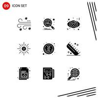 Editable Vector Line Pack of 9 Simple Solid Glyphs of money weather dating brightness light Editable Vector Design Elements