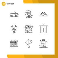 Mobile Interface Outline Set of 9 Pictograms of landmark financial mountain light electricity Editable Vector Design Elements