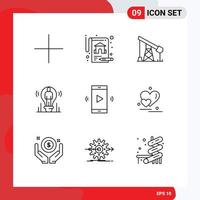 Mobile Interface Outline Set of 9 Pictograms of open volume amplifier oil light user Editable Vector Design Elements