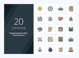 20 Shoping Retail And Video Game Elements line Filled icon for presentation vector