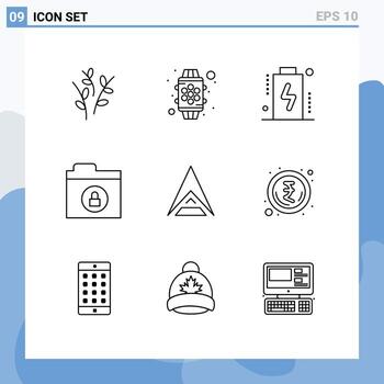 Pictogram Set of 9 Simple Outlines of crypto ark battery lock encryption Editable Vector Design Elements