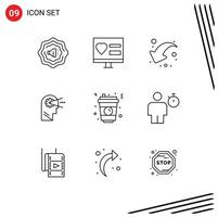 Universal Icon Symbols Group of 9 Modern Outlines of food glass down soda mind Editable Vector Design Elements