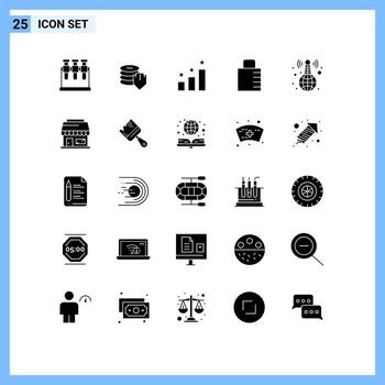 User Interface Pack of 25 Basic Solid Glyphs of news broadcasting position world wide protect Editable Vector Design Elements
