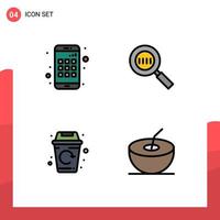 Set of 4 Commercial Filledline Flat Colors pack for app garbage code magnifying coconut Editable Vector Design Elements