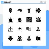 Pack of 16 Modern Solid Glyphs Signs and Symbols for Web Print Media such as decoration celebration cream ball gear Editable Vector Design Elements