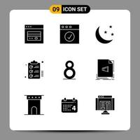 Modern Set of 9 Solid Glyphs and symbols such as th todo half moon wishlist clipboard Editable Vector Design Elements