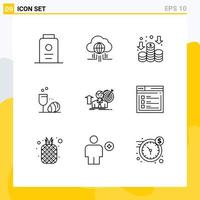 Group of 9 Modern Outlines Set for target success finance drink egg Editable Vector Design Elements