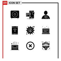 Pack of 9 Modern Solid Glyphs Signs and Symbols for Web Print Media such as network connection online video human Editable Vector Design Elements