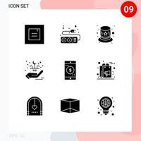 Set of 9 Commercial Solid Glyphs pack for dollar mobile costume application hand Editable Vector Design Elements