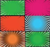 Comic book colorful frames background with halftone rays radial and dotted effects pop art style vector