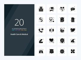 20 icono de glifo sólido médico y de atención médica para la presentación vector