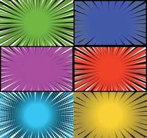 Comic book colorful frames background with halftone rays radial and dotted effects pop art style vector