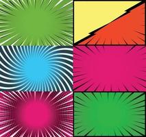 Comic book colorful frames background with halftone rays radial and dotted effects pop art style vector