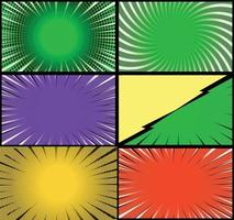 Comic book colorful frames background with halftone rays radial and dotted effects pop art style vector