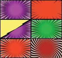 Comic book colorful frames background with halftone rays radial and dotted effects pop art style vector