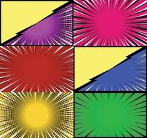 Comic book colorful frames background with halftone rays radial and dotted effects pop art style vector