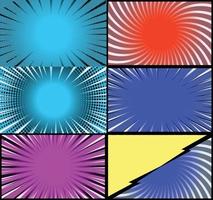 Comic book colorful frames background with halftone rays radial and dotted effects pop art style vector