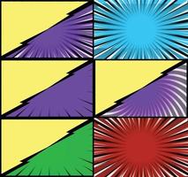 Comic book colorful frames background with halftone rays radial and dotted effects pop art style vector