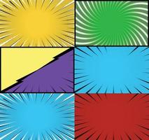 Comic book colorful frames background with halftone rays radial and dotted effects pop art style vector