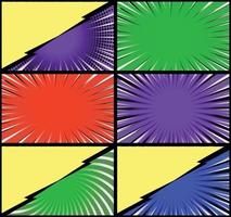 Comic book colorful frames background with halftone rays radial and dotted effects pop art style vector