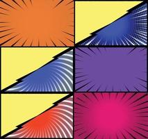 Comic book colorful frames background with halftone rays radial and dotted effects pop art style vector