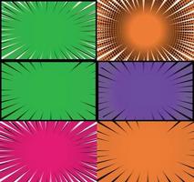 Comic book colorful frames background with halftone rays radial and dotted effects pop art style vector