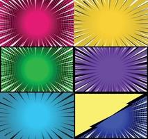 Comic book colorful frames background with halftone rays radial and dotted effects pop art style vector