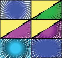 Comic book colorful frames background with halftone rays radial and dotted effects pop art style vector