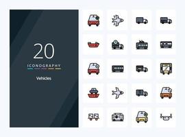 Icono lleno de línea de 20 vehículos para presentación vector