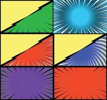 Comic book colorful frames background with halftone rays radial and dotted effects pop art style vector