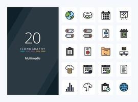 20 Multimedia line Filled icon for presentation vector