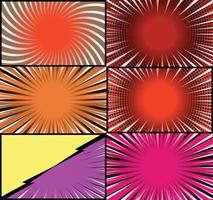 Comic book colorful frames background with halftone rays radial and dotted effects pop art style vector