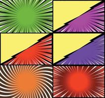 Comic book colorful frames background with halftone rays radial and dotted effects pop art style vector